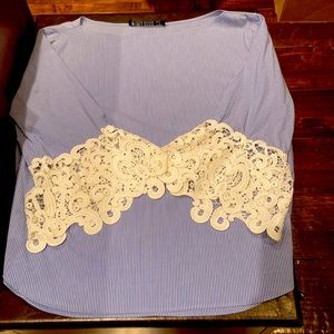 Zara cotton navy and white stripped top with lace detail at sleeves sz L